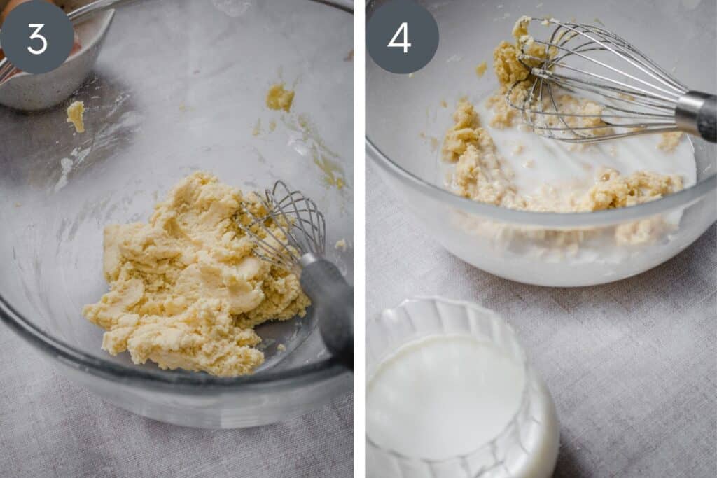 Process images for pancakes showing batter in bowls at different stages
