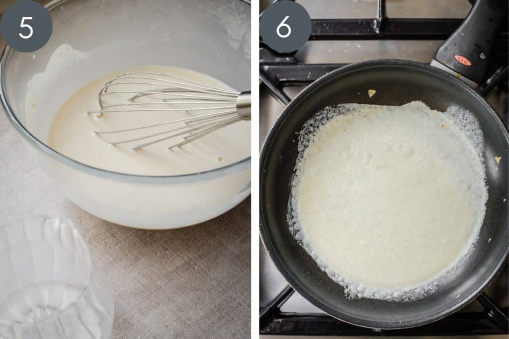 Process images for pancakes showing batter in bowl and batter ladled into pan