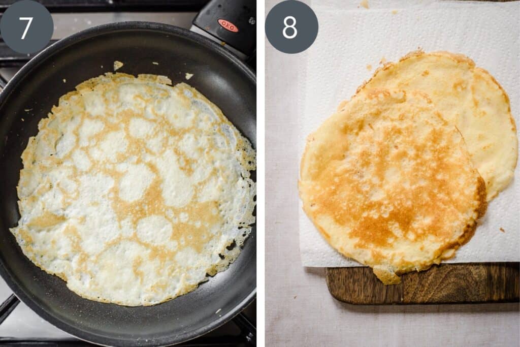 Process images of pancakes showing pancake in pan and on kitchen towel