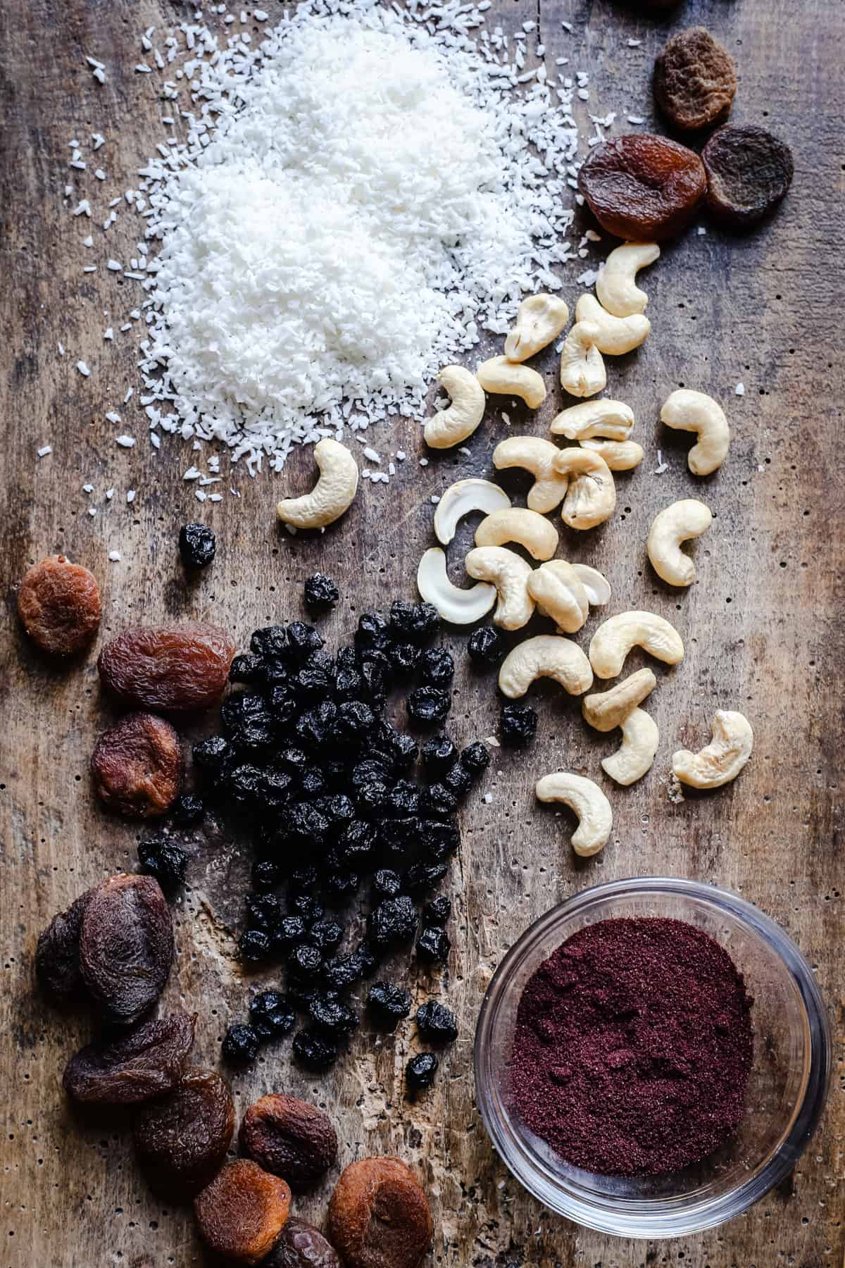 ingredients for Raw Blueberry Coconut Energy Bars