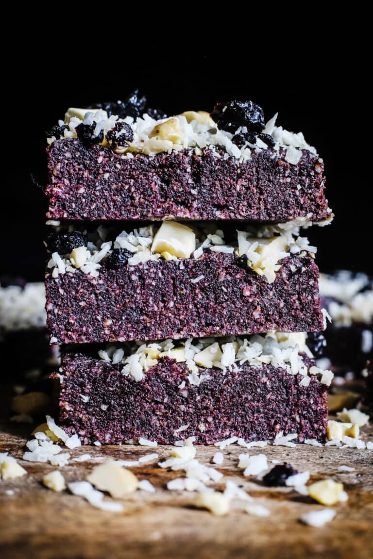 A stack of Healthy Coconut & Blueberry Bars