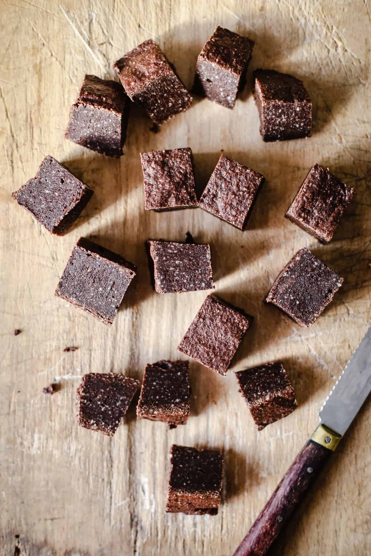 Chocolate Brownie Pieces on a wooden board
