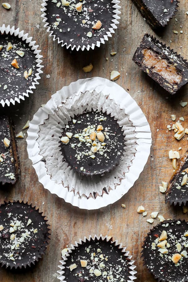 overhead shot of Chocolate Peanut Butter Caramel Crunch Cups