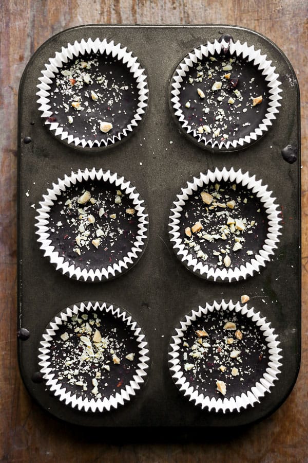 Chocolate Peanut Butter Caramel Crunch Cups in a tin