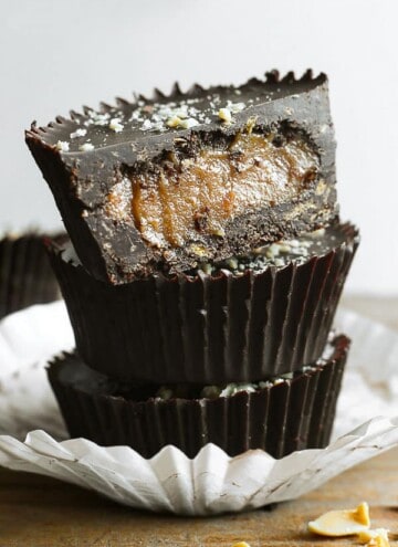 A stack of Chocolate Peanut Butter Caramel Crunch Cups