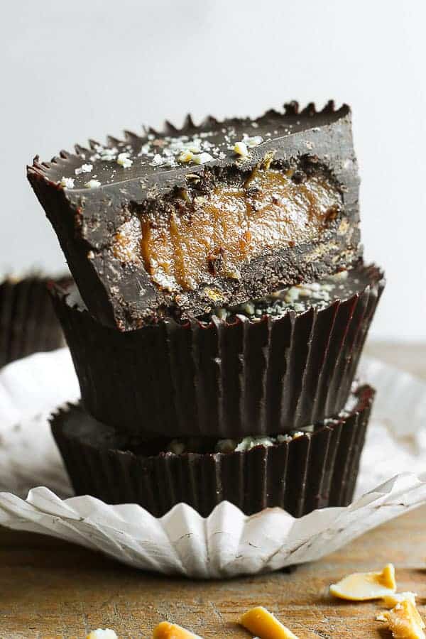 A stack of Chocolate Peanut Butter Caramel Crunch Cups