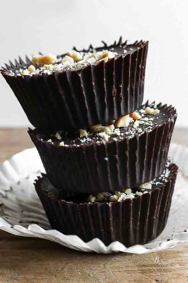 A stack of Chocolate Peanut Butter Caramel Crunch Cups