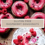 Pin image for raspberry doughnuts with a tray full of doughnuts above a plate with a halved doughnut. Title text in the middle of the image
