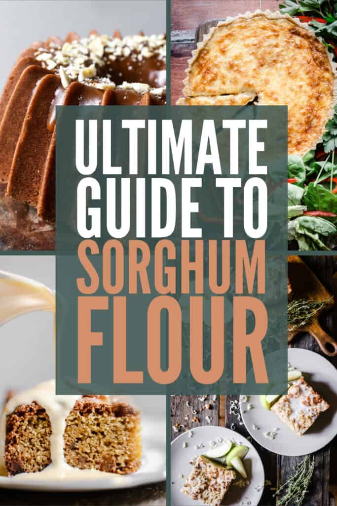 Image collage of different bakes made with sorghum flour and the title Ultimate Guide to Sorghum Flour 