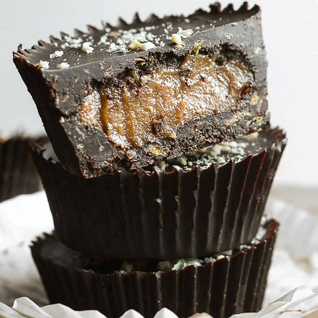 A stack of Chocolate Peanut Butter Caramel Crunch Cups