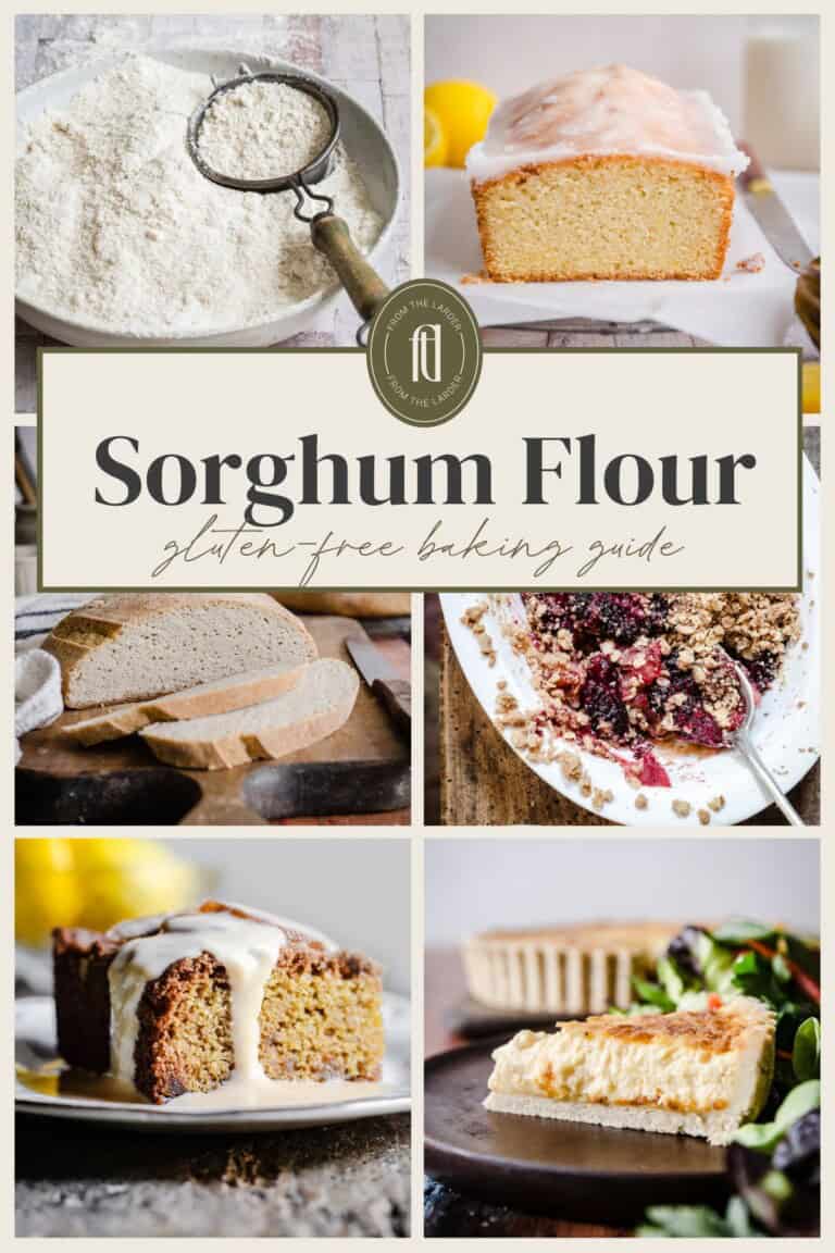 Image collage of different bakes made with sorghum flour and the title Ultimate Guide to Sorghum Flour 