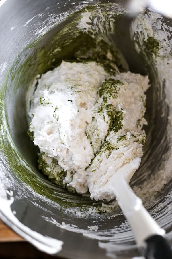 Coconut Matcha Macaroons being made in a stand mixer