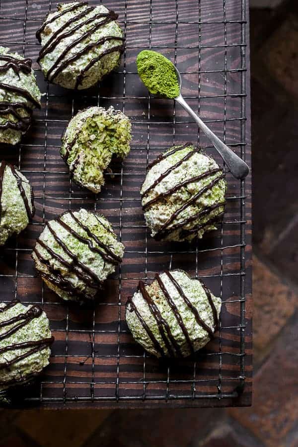 Coconut Matcha Macaroons on a wire rack