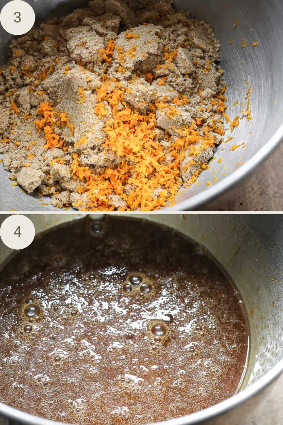 Orange zest and sugar in a bowl, mixed with olive oil.