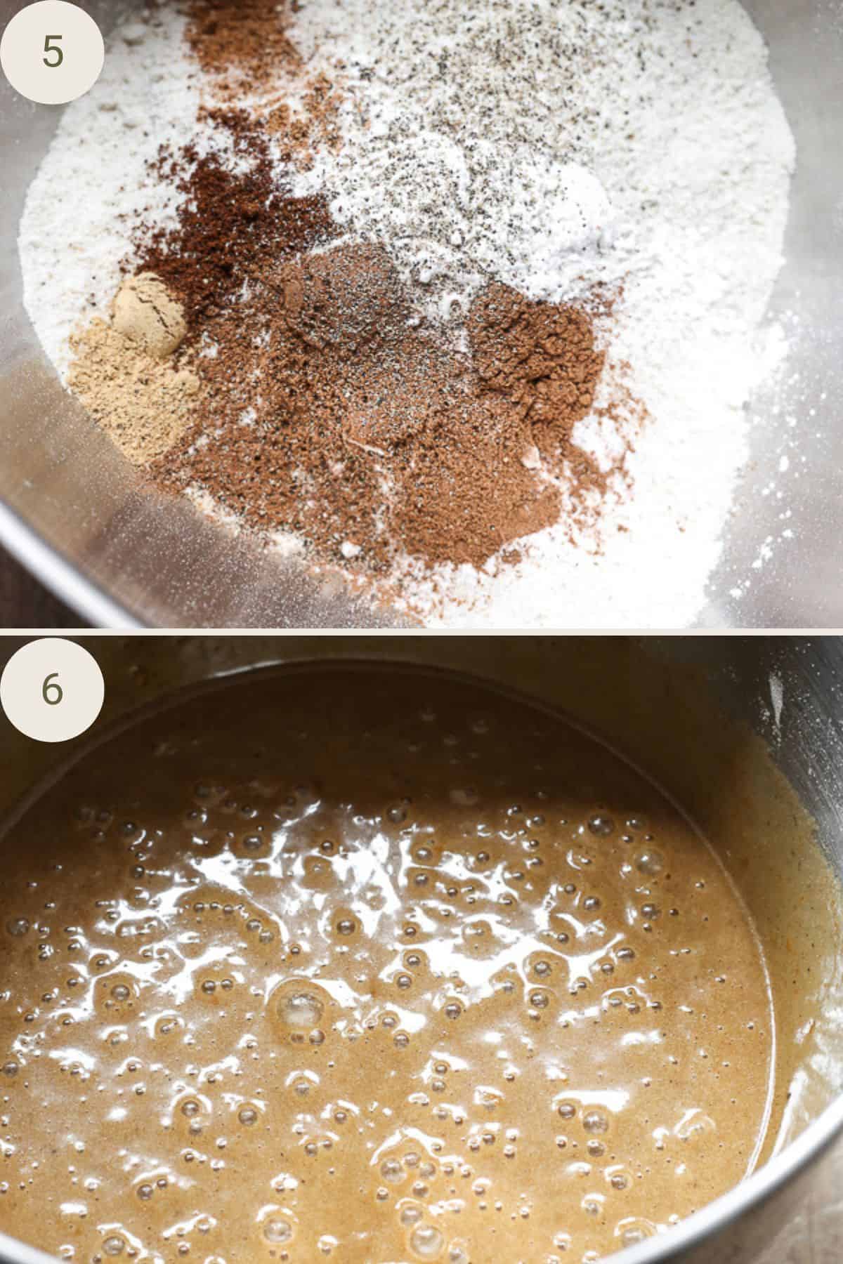 Dry ingredients for carrot cake in a bowl. Added to the wet ingredients.