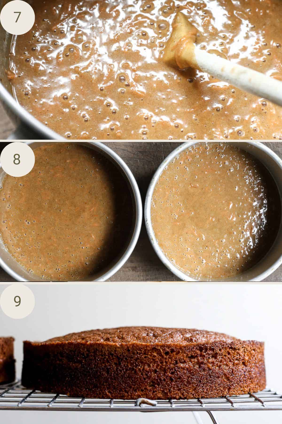 Carrots added to cake batter. Poured into cake tins. Baked sponge cooling on a rack.