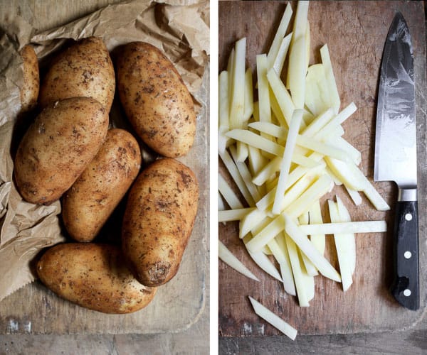 Two images side by side of potatoes and cut potatoes