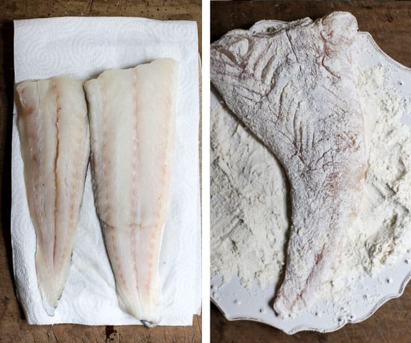 Two image side by side of fresh cod fillet, one is covered in flour