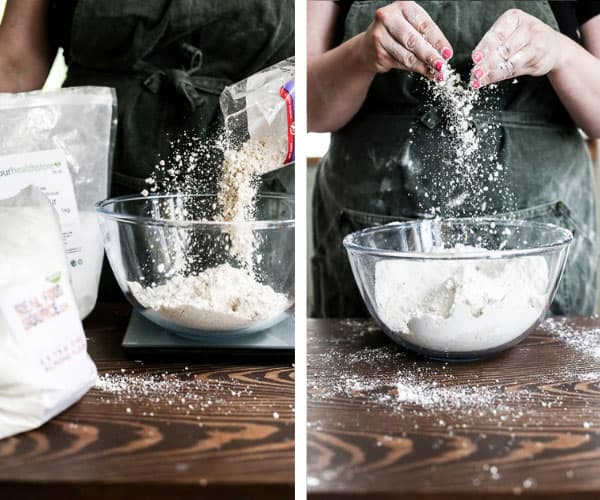 One image of gf flour being poured into a glass bowl and then a second image of the flour being rubbed with fingertips