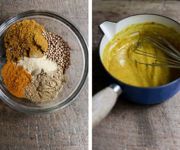 Two images side by side of spice mix and then curry sauce