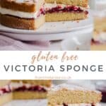 Pin image of Victoria Sponge with wide image of cake and close up image of cake slice on plates.