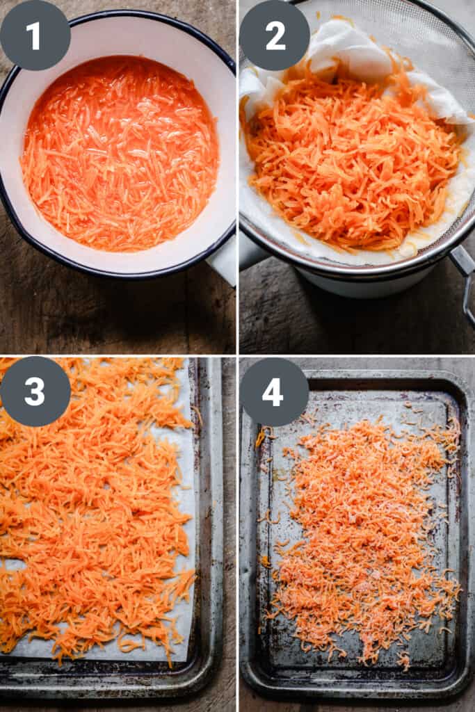 collage of images showing the process of making candied carrots