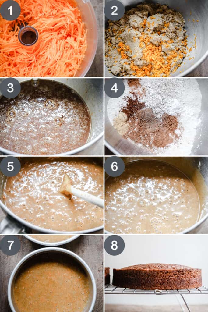 collage of images showing the process of making carrot cake