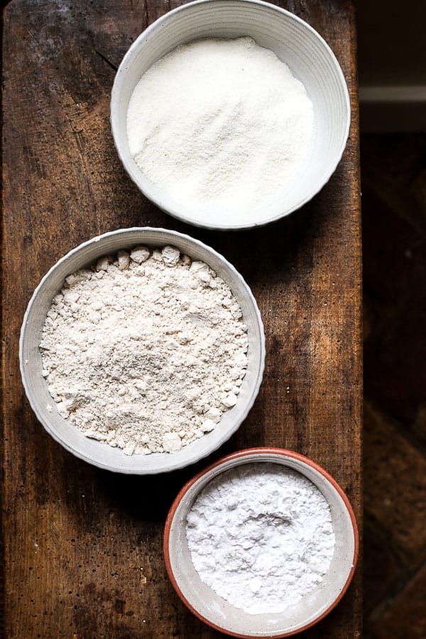 Three bowls of gluten-free flours