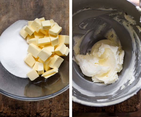 Process shots for gluten-free shortbread. showing the butter and sugar in a bowl and then mixed up