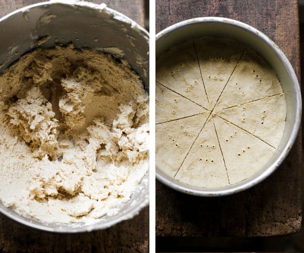 Process shots for gluten-free shortbread. showing the dough in the mixing bowl and then in the cake tin ready for the oven.