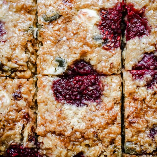 Close up of White Chocolate Raspberry Flapjacks