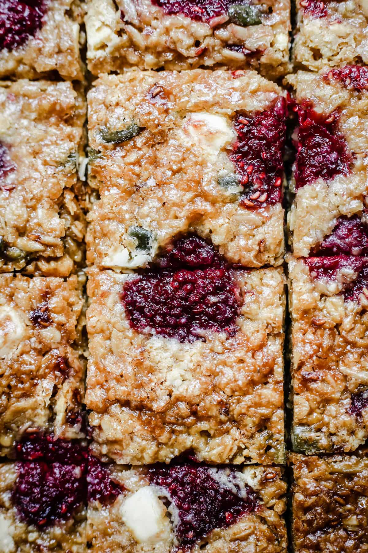 Close up of White Chocolate Raspberry Flapjacks