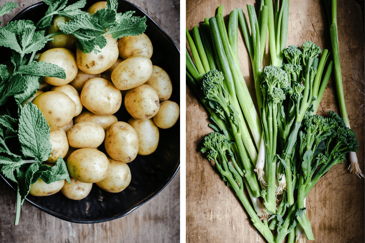 Split image of a bowl of new potatoes and english mint in a bowl and broccoli and spring onions on a wooden board
