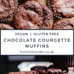 Pin image of courgette muffins. Close up of muffins from above and then cut into with title text in the middle