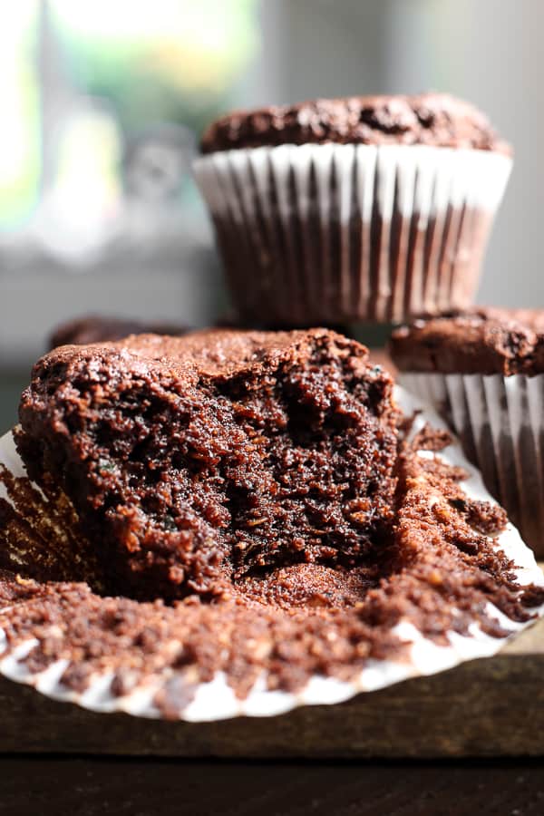 Halved chocolate muffin in wrapping