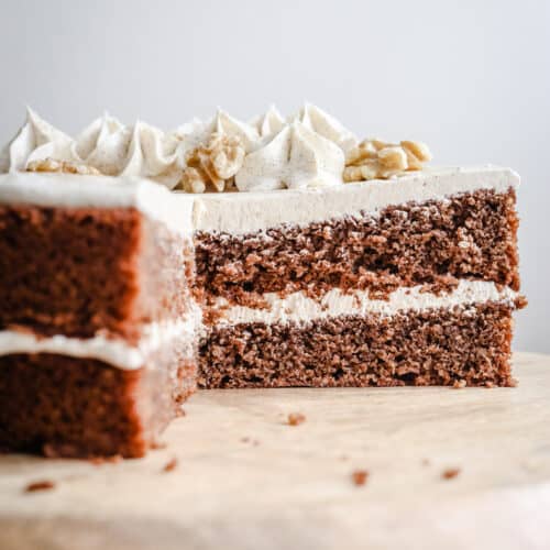 gluten-free Coffee and Walnut Cake on a wooden board