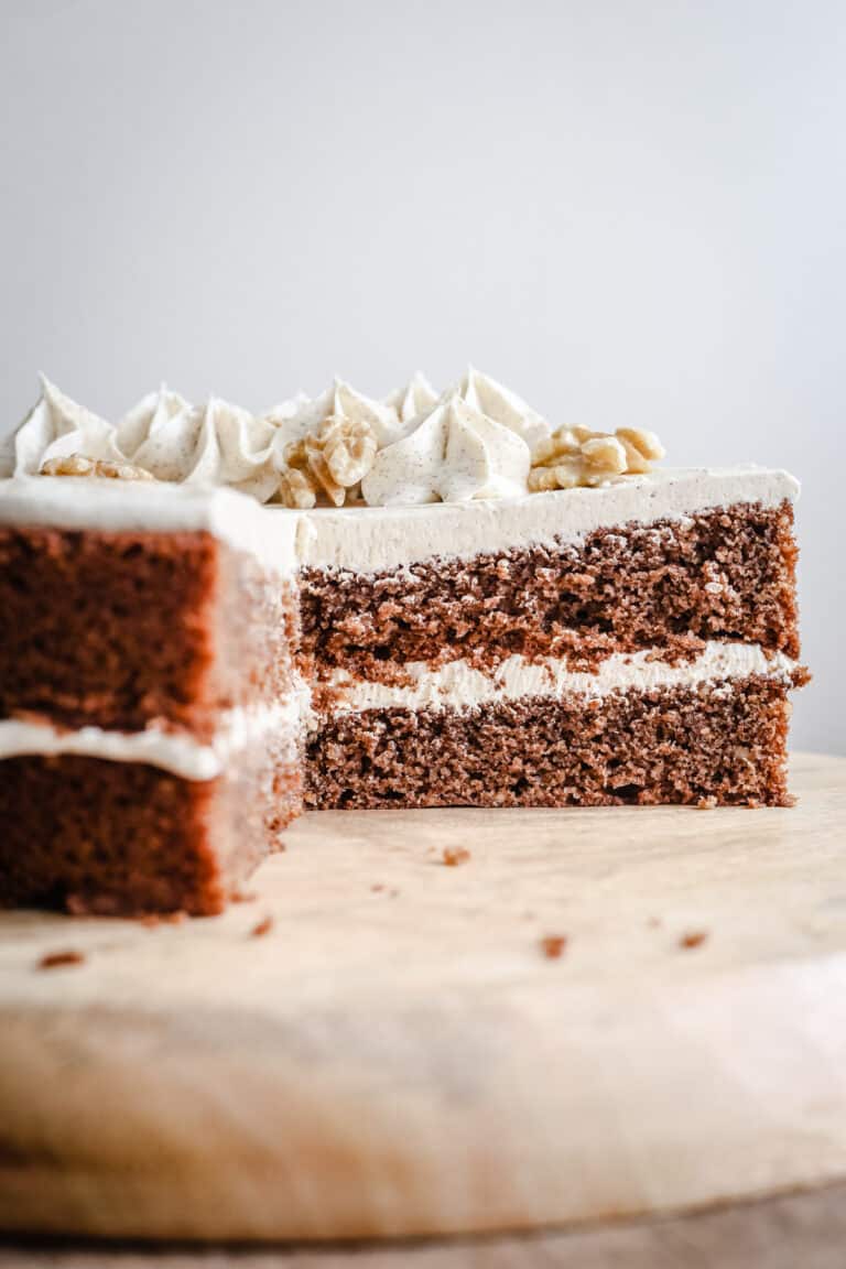 gluten-free Coffee and Walnut Cake on a wooden board