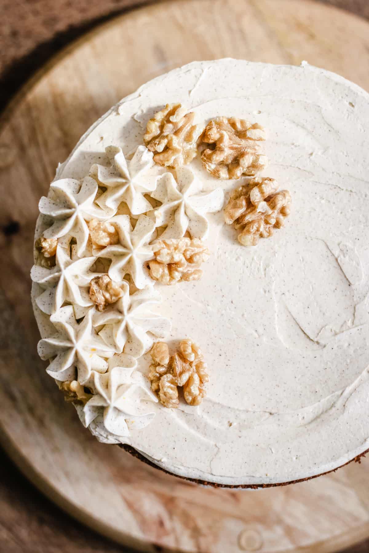 gluten-free Coffee and Walnut Cake on a wooden board