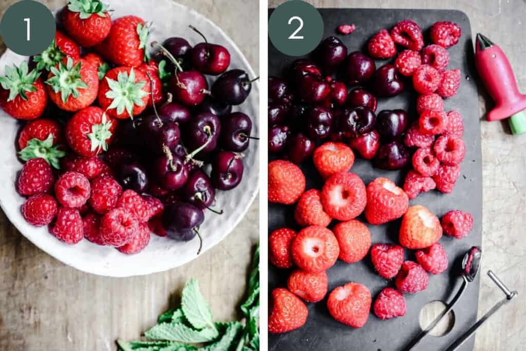 bowl of red berries and a platter of red berries