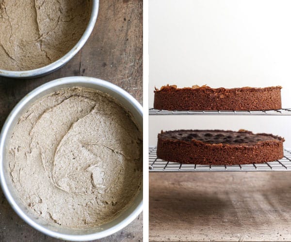 cake mixture in cake tins and cake on cooling racks