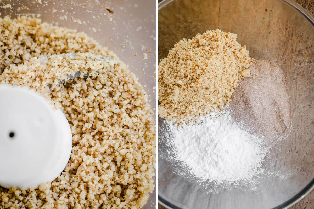 process shots of making a gluten-free coffee and walnut cake