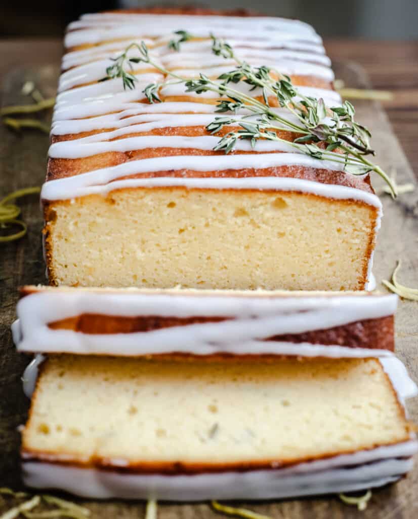 Whole Lemon Cake from above with slices