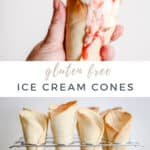 gluten-free ice cream cones in a cone holder with text overlay