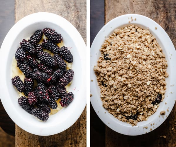 Process shots of making apple and blackberry crumble- apple and blackberries in a bowl then another with the bowl covered in crumble topping