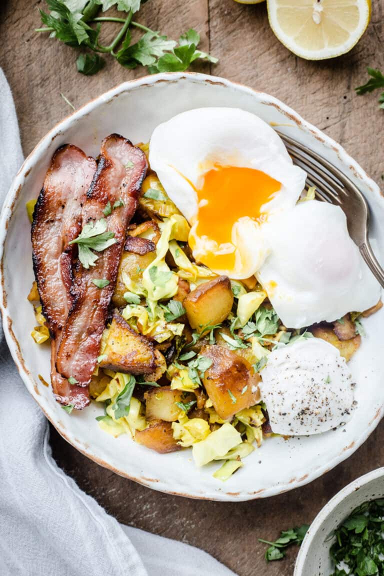 Bubble and Squeak in a white bowl 
