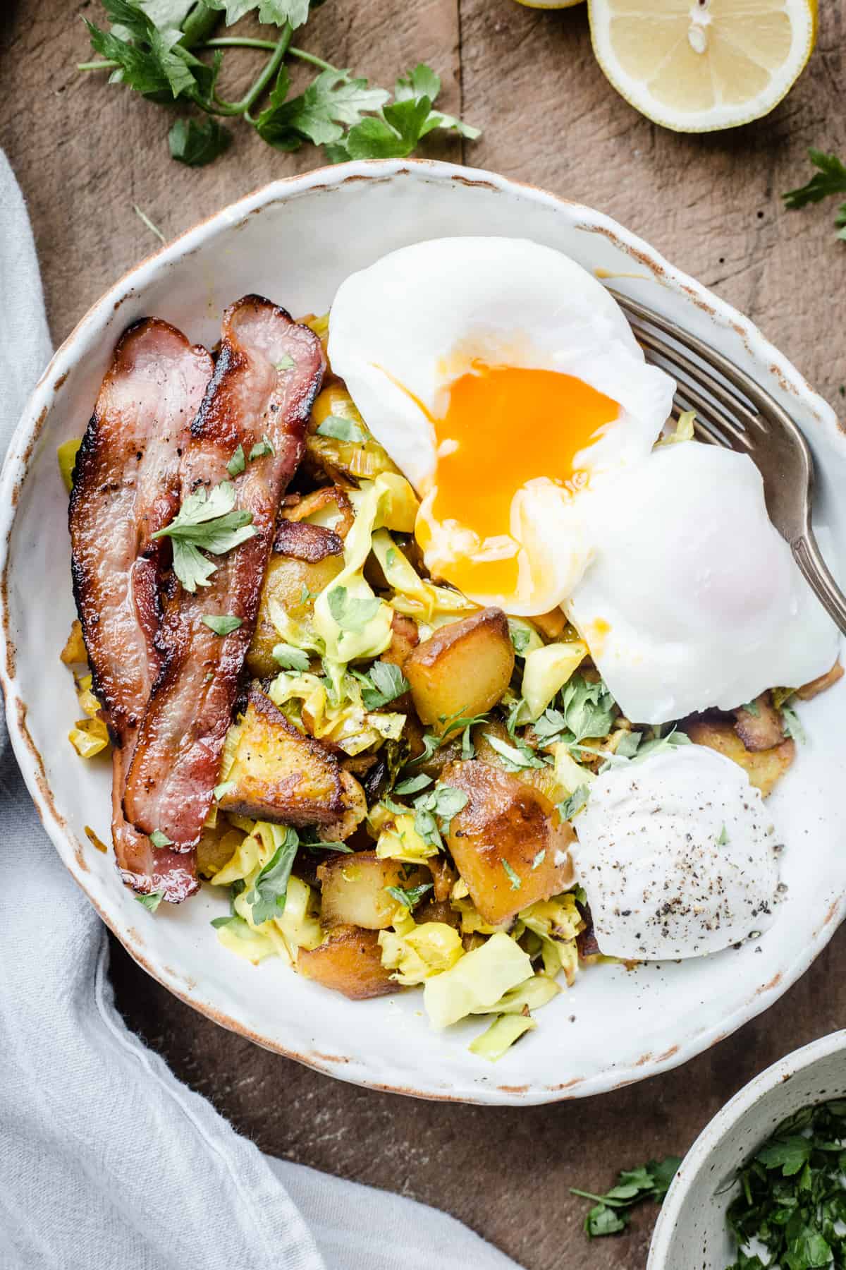 Bubble and Squeak in a white bowl