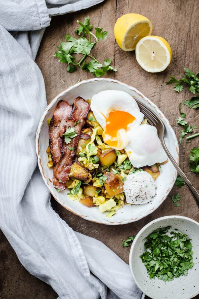 Bubble and Squeak in a white bowl 