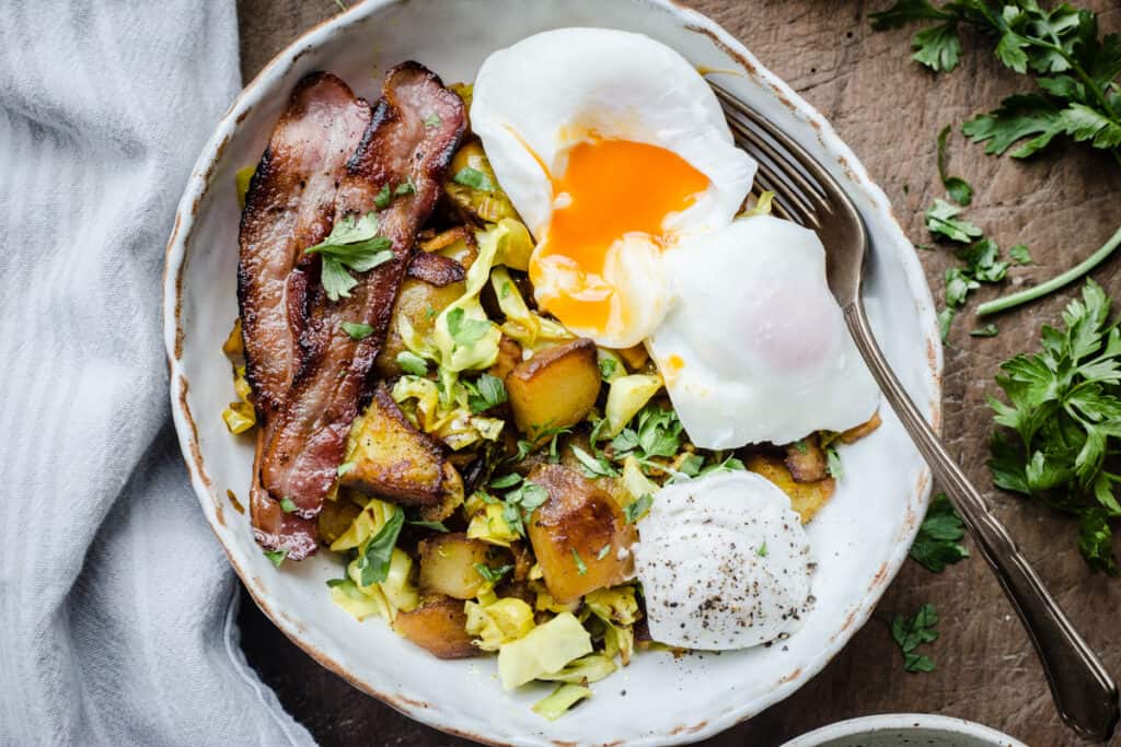 Bubble and Squeak in a white bowl 