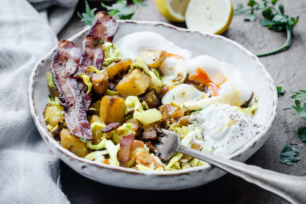 Bubble and Squeak in a white bowl 