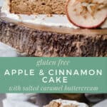 Pin image of Apple and Cinnamon Cake. The whole cake with a slice cut out and another image of a slice of cake on a plate with text overlay
